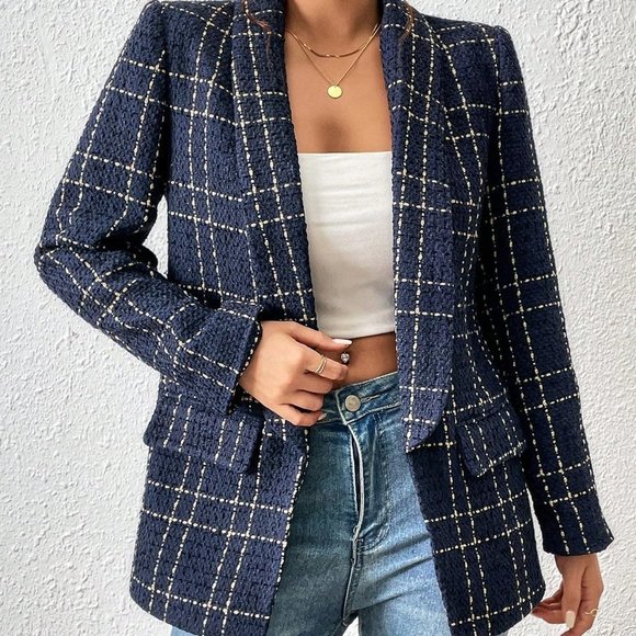 . Jackets & Blazers - Blue Casual Womens Houndstooth Print Open Front Blazer